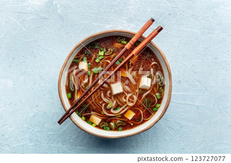 Tofu soup, Japanese cuisine. Miso soup with bean curd and green onions 123727077