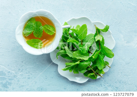 Mint tea. A cup of peppermint tea with fresh mint leaves, overhead 123727079