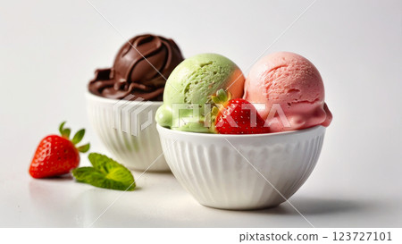 Ice cream scoops in white cups of chocolate, strawberry, vanilla and green tea flavours 123727101