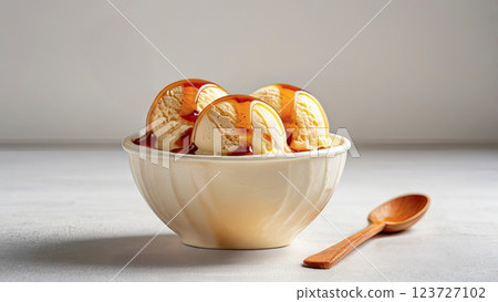 Ice cream scoops in white cups of chocolate, strawberry, vanilla and green tea flavours 123727102