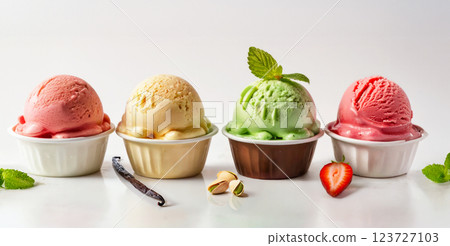 Ice cream scoops in white cups of chocolate, strawberry, vanilla and green tea flavours 123727103