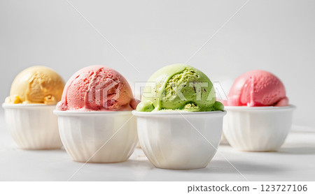 Ice cream scoops in white cups of chocolate, strawberry, vanilla and green tea flavours 123727106