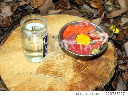露營餐：生魚片和清酒 123727237