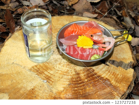 露營餐：生魚片和清酒 123727238