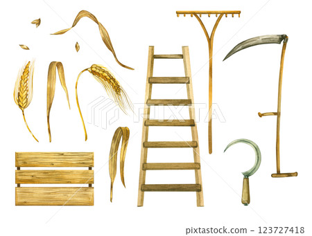 Set of harvesting tools, scythe, sickle, rake, wooden box, ladder, wheat ears, wheat grains. All objects are hand-drawn with watercolors. For printing, design, scrapbooking. 123727418