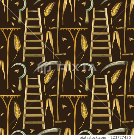 Seamless watercolor pattern on the theme of harvesting. Rake, scythe, sickle, ladder, ears of wheat and wheat grains, all objects are hand-drawn in watercolor. For printing on fabric, paper. 123727420