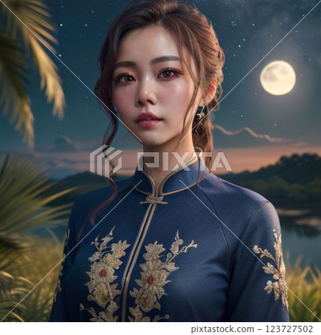 A woman watching the moon in a park at night 123727502