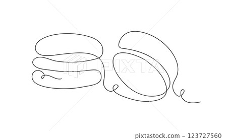 Macaroni cookies vector illustration in linear style. The concept of menu design of a restaurant or coffee shop. Decorative silhouettes of cookies in a horizontal banner. Single continuous line design 123727560