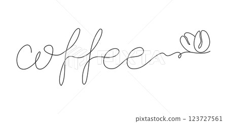 Coffee bean inscription, handwritten style. Continuous silhouette lettering. Vector illustration for posters, postcard, business cards, banners for cafes, coffee shops. The slogan for the coffee brand 123727561