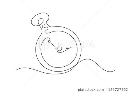 Linear drawing of a pocket watch with an arrow. The continuous contour is a symbol of time, management, deadline, morning, planning, working hours. Minimalistic design, the concept of passing time. 123727562
