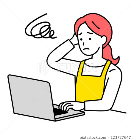 A man in an apron having trouble operating a laptop 123727647