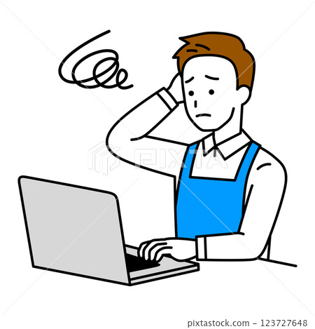 A woman in an apron having trouble operating a laptop 123727648