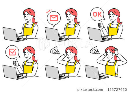 A woman in an apron operating a laptop computer, set A woman in an apron operating a laptop computer, set 123727650