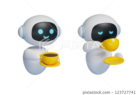 3D graphic of AI robot character taking a break while holding a coffee cup 123727741