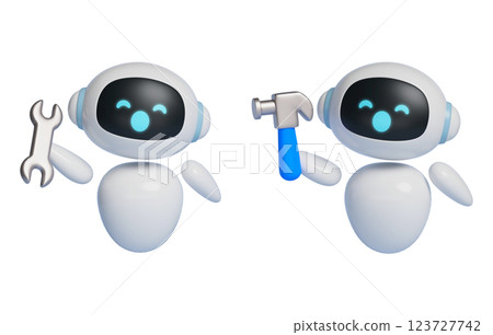 AI robot character holding a spanner and hammer 3D graphics 123727742