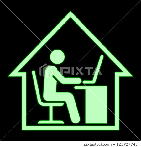 一個人在家中使用電腦工作/遠端工作的象形圖樣式插圖/黑色背景上的剪切圖 一個人在家中使用電腦工作/遠端工作的象形圖樣式插圖/黑色背景上的剪切圖 123727745