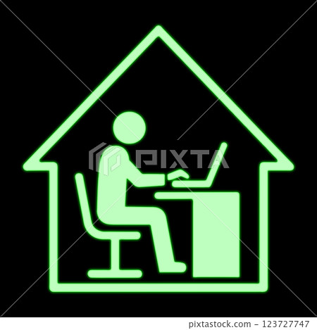 A person working on a computer at home / Pictogram-style illustration of remote work / Cutout on black background 123727747