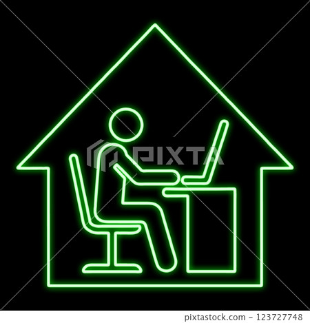 A person working on a computer at home / Pictogram-style illustration of remote work / Cutout on black background 123727748