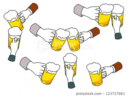 Illustration of a man toasting with a beer mug, parts set version 123727861