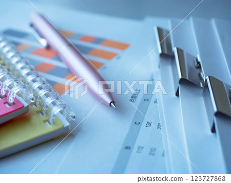 Graphs, documents and notebooks on a table 123727868