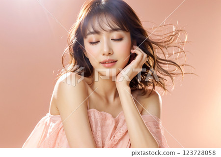 Woman with hands on cheeks, eyes closed, hair blowing in the wind, AI generated Woman with hands on cheeks, eyes closed, hair blowing in the wind, AI generated 123728058
