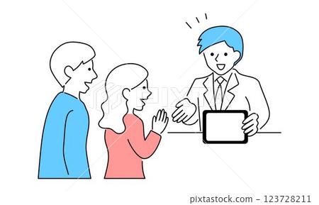 一位商人與一對年輕夫婦交談的插圖 123728211