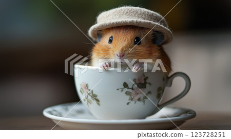 Cute guinea pig wearing small hat sits inside floral teacup, creating whimsical scene 123728251