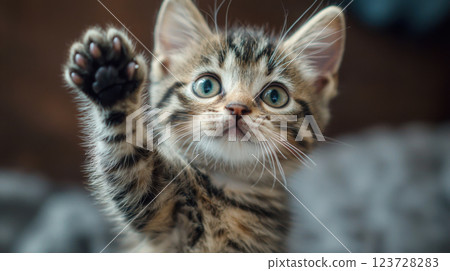 Adorable tabby kitten raising its paw with curious and playful expression 123728283