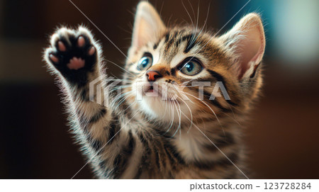 Playful tabby kitten with bright eyes reaching out with its paw in warm indoor setting 123728284