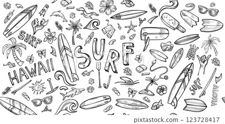 Horizontal background  surf  Hand drawn doodles elements. clip art vector illustration 123728417
