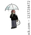 A woman returning from shopping in the rain 123728472