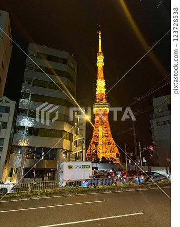 A spectacular view of Tokyo Tower through the gaps between the buildings A spectacular view of Tokyo Tower through the gaps between the buildings 123728538