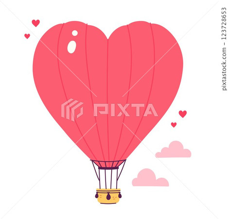 Red hot air balloon in the shape of a heart. Vector graphics. 123728653