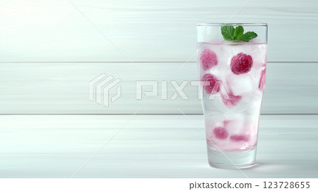Refreshing raspberry mint infused sparkling water on wooden background with empty space 123728655