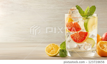 Refreshing citrus infused water with ice and mint on wooden table. Colorful summer banner with lemonade Refreshing citrus infused water with ice and mint on wooden table. Colorful summer banner with lemonade 123728656