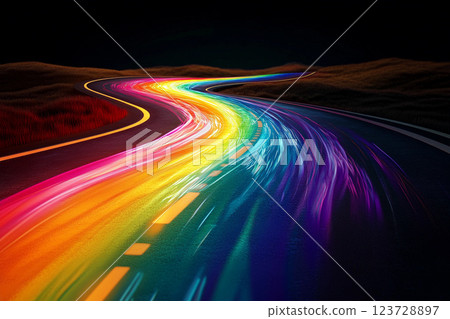 Colorful rainbow road stretches through green hills under a clear blue sky Colorful rainbow road stretches through green hills under a clear blue sky 123728897