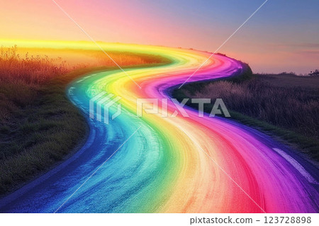 Colorful rainbow road stretches through green hills under a clear blue sky Colorful rainbow road stretches through green hills under a clear blue sky 123728898