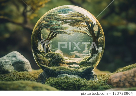 Unique view through tree bark showcasing a quiet lake reflecting autumn foliage and dramatic clouds at sunset 123728904