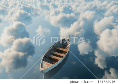 Luxurious yacht navigating through a fluffy sea of clouds under a bright blue sky Luxurious yacht navigating through a fluffy sea of clouds under a bright blue sky 123728916