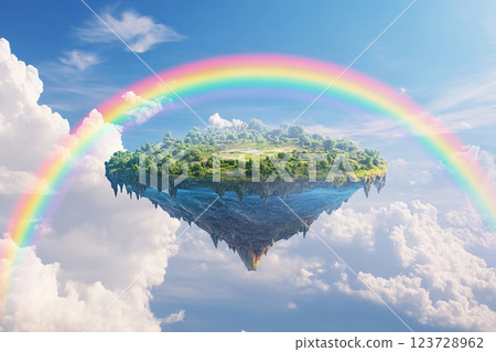 Floating island with lush greenery and waterfalls under a vibrant rainbow sky 123728962