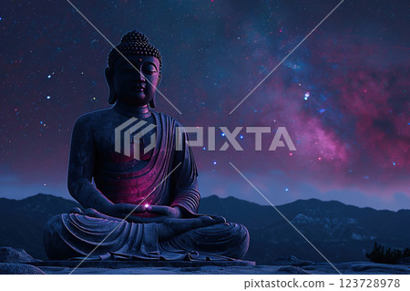 Ancient statue great Buddha on bright holiday composition, abstract vivid composition consists of fictional unreal fantastic vision on background 123728978