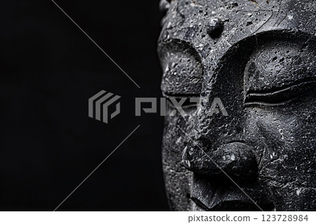 Ancient statue great Buddha on bright holiday composition, abstract vivid composition consists of fictional unreal fantastic vision on background 123728984