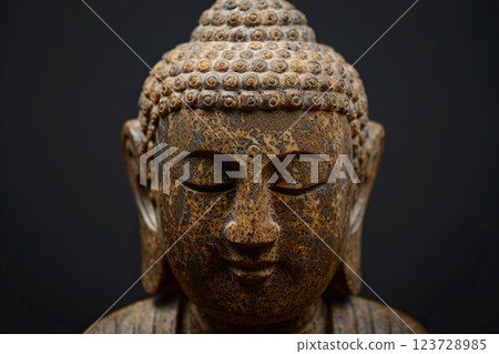 Ancient statue great Buddha on bright holiday composition, abstract vivid composition consists of fictional unreal fantastic vision on background 123728985