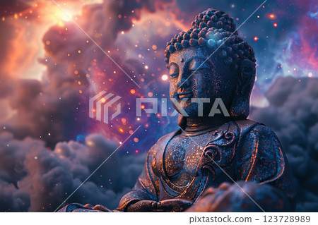 Ancient statue great Buddha on bright holiday composition, abstract vivid composition consists of fictional unreal fantastic vision on background 123728989