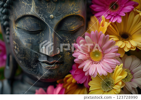Ancient statue great Buddha on bright holiday composition, abstract vivid composition consists of fictional unreal fantastic vision on background 123728990