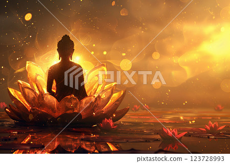 Ancient statue great Buddha on bright holiday composition, abstract vivid composition consists of fictional unreal fantastic vision on background 123728993
