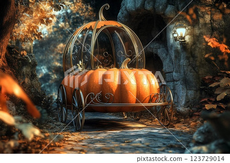 Magical pumpkin carriage illuminated by warm light in an enchanting forest at twilight 123729014