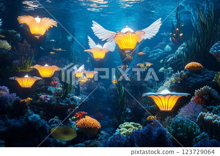 Underwater utopia showcases colorful fish swimming near luminous coral lamps 123729064