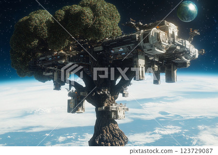 Floating tree city in space showcases futuristic architecture amid the cosmos Floating tree city in space showcases futuristic architecture amid the cosmos 123729087