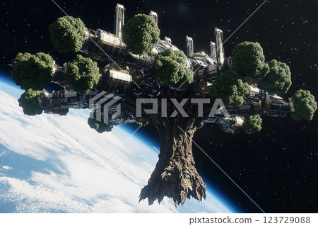 Floating tree city in space showcases futuristic architecture amid the cosmos Floating tree city in space showcases futuristic architecture amid the cosmos 123729088